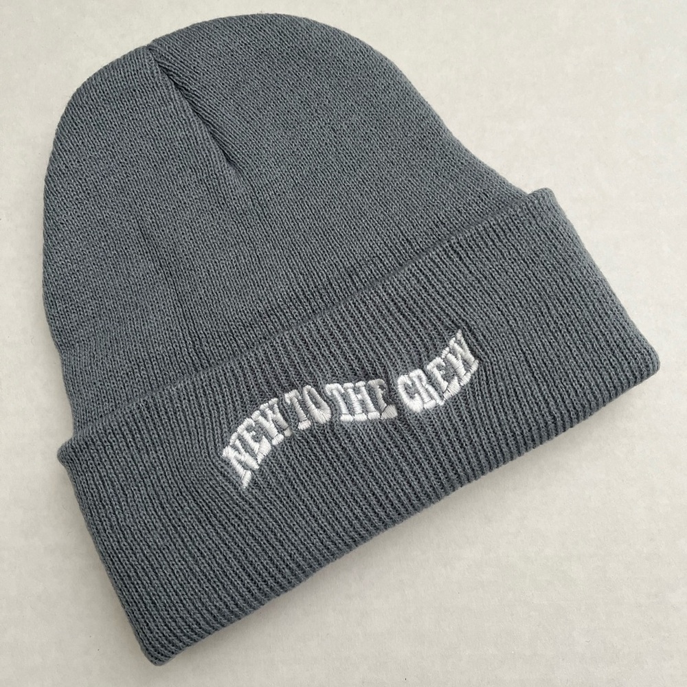 Gray Knit Beanie with Embroidered Text